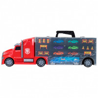 Детская машинка серии "Мой город" (Автовоз - кейс 64 см, красный, с тоннелем. Набор из 6 машинок, 1 фуры и 12 дорожных знаков)