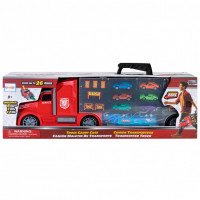 Детская машинка серии "Мой город" (Автовоз - кейс 64 см, красный, с тоннелем. Набор из 6 машинок, 1 фуры и 12 дорожных знаков)