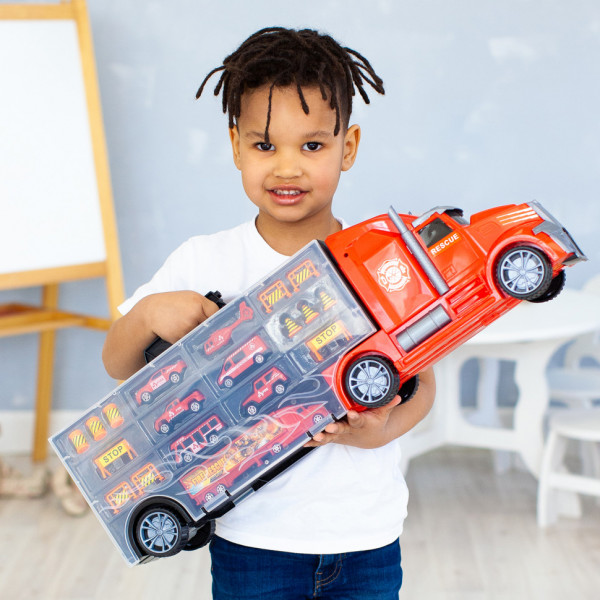 Детская машинка серии "Служба спасения" (Автовоз - кейс 64 см, красный, с тоннелем. Набор из 4 машинок, 1 автобуса, 1 вертолета, 1 фуры и 12 дорожных