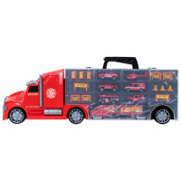 Детская машинка серии "Служба спасения" (Автовоз - кейс 64 см, красный, с тоннелем. Набор из 4 машинок, 1 автобуса, 1 вертолета, 1 фуры и 12 дорожных