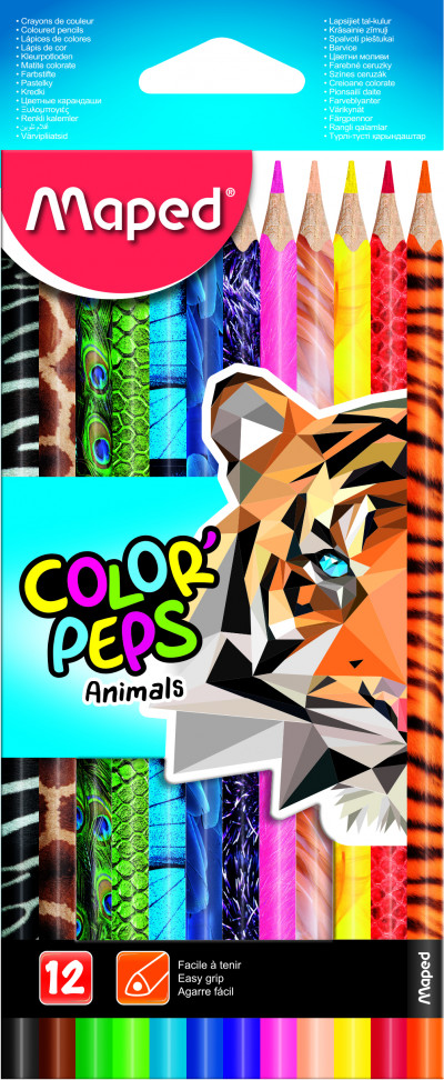 Карандаши цветные MAPED COLOR'PEPS ANIMALS с декором, 12 цветов, картонная ко...