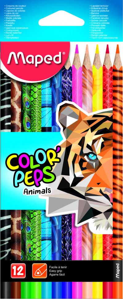 Карандаши цветные MAPED COLOR'PEPS ANIMALS с декором, 12 цветов, картонная коробка