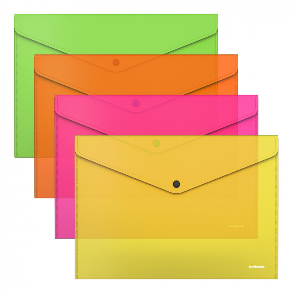 Папка-конверт на кнопке пластиковая ErichKrause® Glossy Neon, полупрозрачная, A4, ассорти (в пакете по 12 шт.)