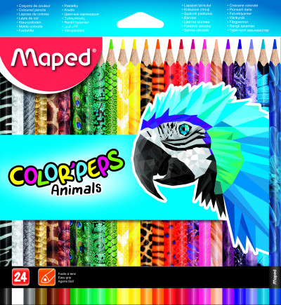 Карандаши цветные MAPED COLOR'PEPS ANIMALS с декором, 24 цвета, картонная кор...