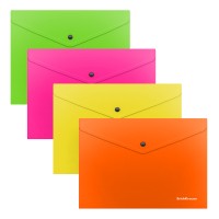 Папка-конверт на кнопке пластиковая ErichKrause® Glossy Neon, полупрозрачная, B5, ассорти (в пакете по 12 шт.)