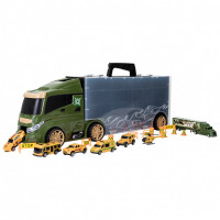 Машина игрушка серии "Милитари" (Автовоз - кейс 59 см, зеленый, с тоннелем. Набор из 4 машинок, 1 автобуса, 1 вертолета, 1 фуры и 12 дорожных знаков)
