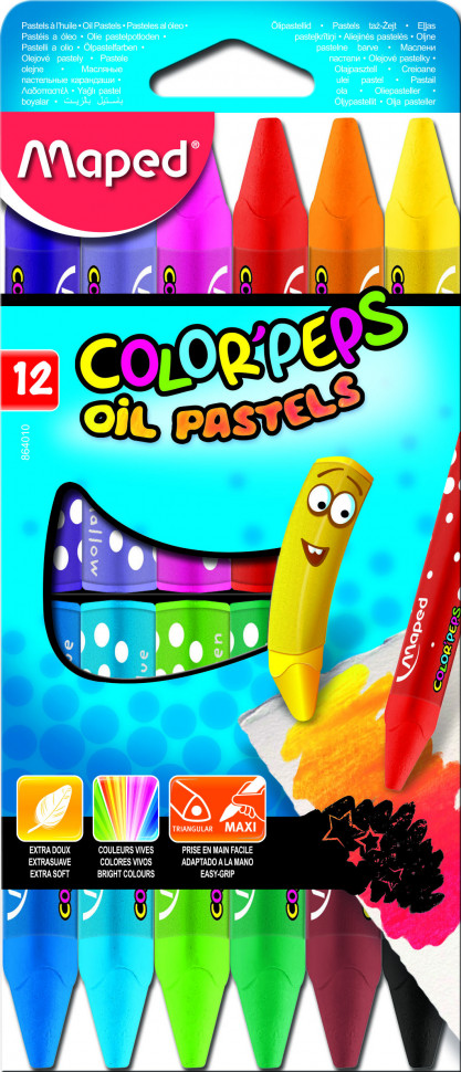 Пастель масляная COLOR'PEPS OIL PASTEL, треугольный корпус, супер мягкая, разные эффекты, в картонном футляре, 12 цветов