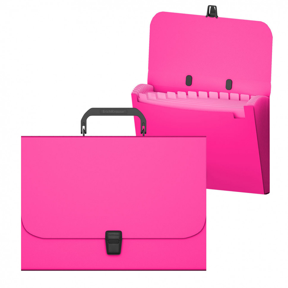 Портфель пластиковый ErichKrause® Matt Neon, с 12 отделениями, A4, розовый (в пакете по  1шт.)