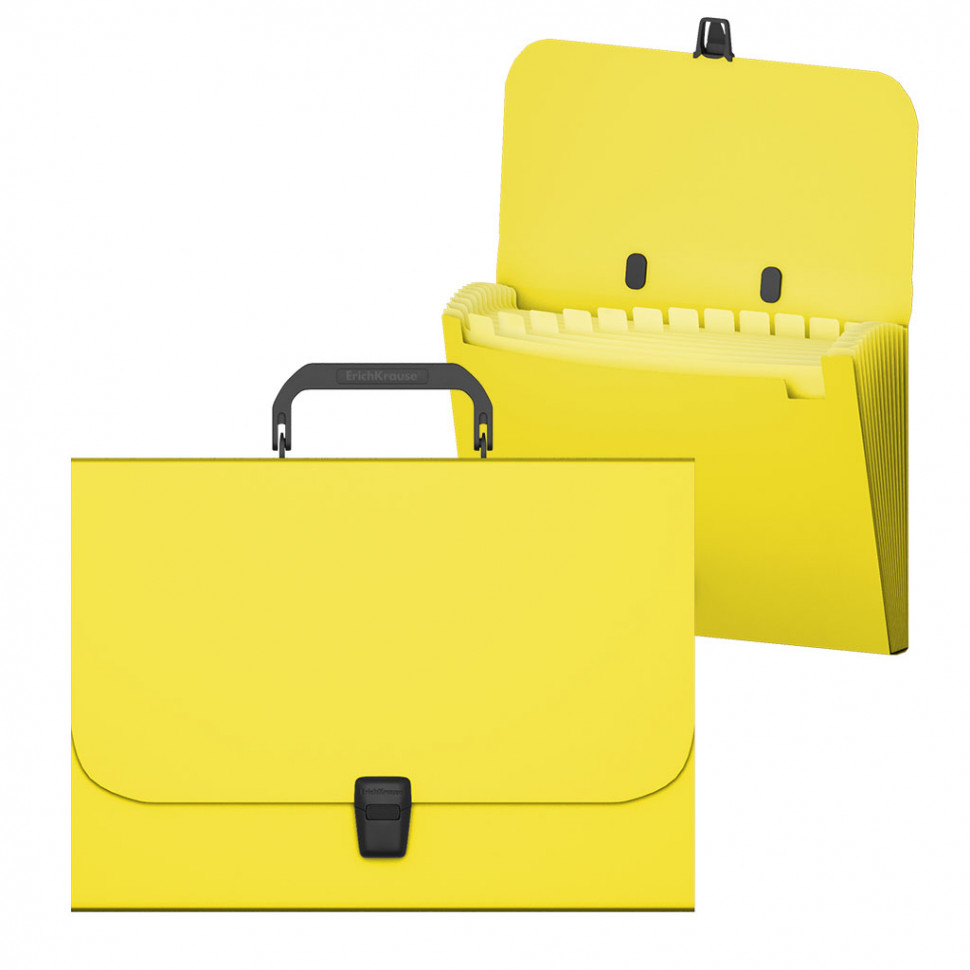 Портфель пластиковый ErichKrause® Matt Neon, с 12 отделениями, A4, желтый (в пакете по  1шт.)