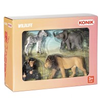 Набор фигурок KONIK «Дикие животные: лев, шимпанзе, слонёнок, зебра»