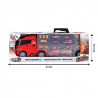 Машина игрушка серии "Служба спасения" (Автовоз - кейс 59 см, красный, с тоннелем. Набор из 4 машинок, 1 автобуса, 1 вертолета, 1 фуры и 12 дорожных з