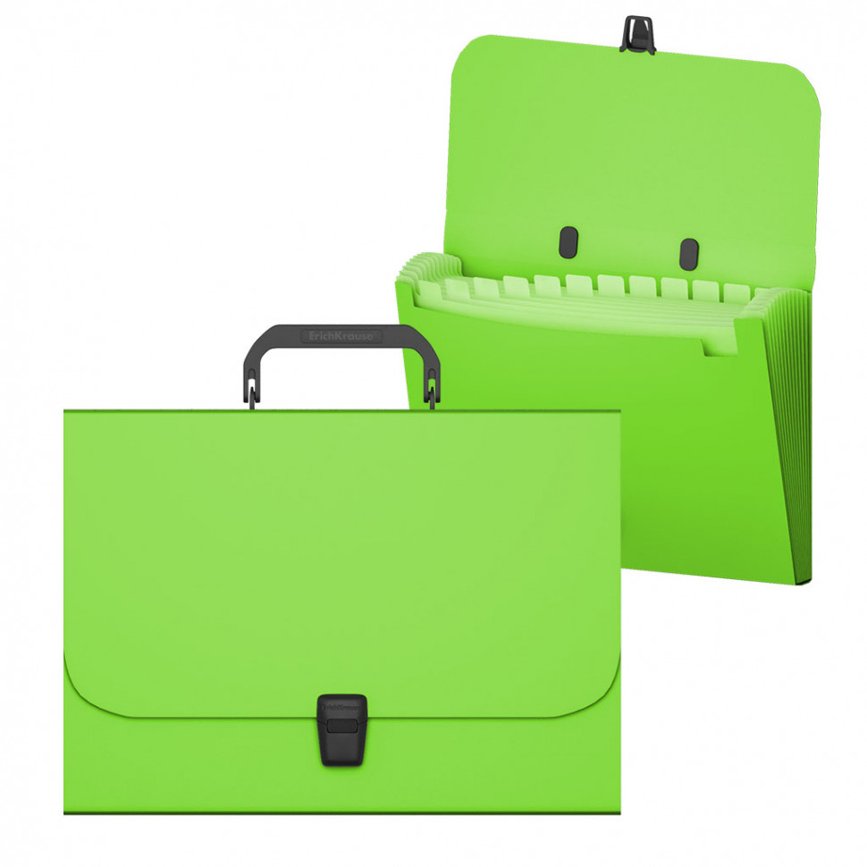 Портфель пластиковый ErichKrause® Matt Neon, с 12 отделениями, A4, зеленый (в пакете по  1шт.)