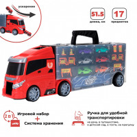 Набор машинок серии "Мой город" (Автовоз - кейс 51,5 см, красный, с тоннелем. 6 машинок и 10 дорожных знаков)