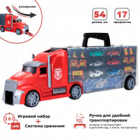 Набор машинок серии "Мой город" (Автовоз - кейс 54 см, красный, с тоннелем.6 машинок и 10 дорожных знаков)