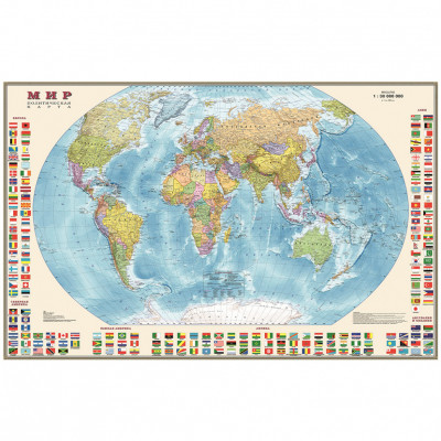 Интерактивная политическая карта мира с флагами государств, мелованная бумага...