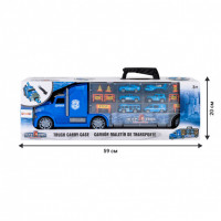 Набор машинок серии "Полицейский участок" (Автовоз - кейс 54 см, синий, с тоннелем. 4 машинки, 1 автобус, 1 вертолет и 10 дорожных знаков)