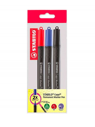 Маркер перманентный Stabilo Cappi, набор 3 цвета, в пластиковом пакете