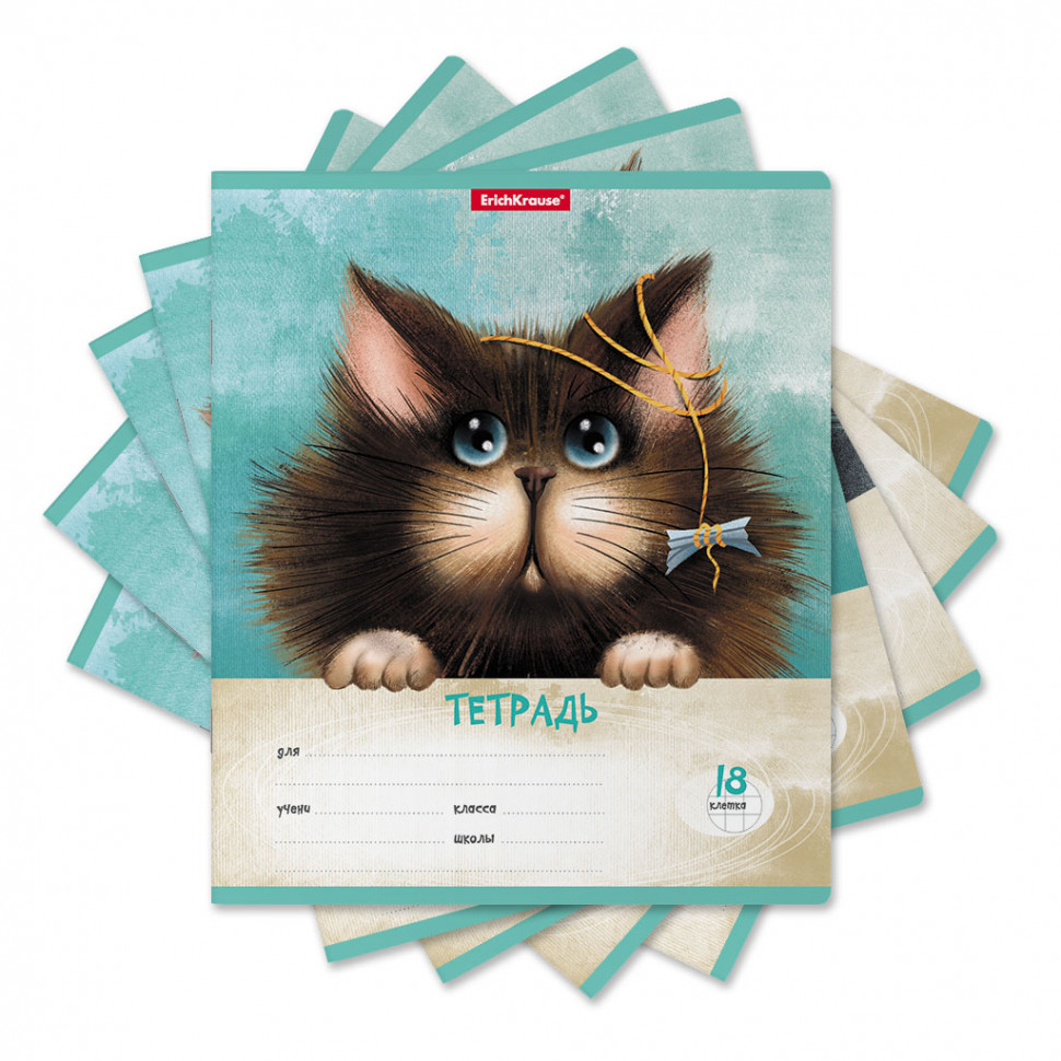 Тетрадь школьная ученическая ErichKrause® Funny Cats, 18 листов, клетка (в плёнке по 10 шт.)_MIX-PACK