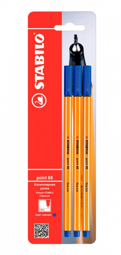 Капиллярная ручка Stabilo Point 88 0,4 мм, цвет чернил синий, 3 шт в блистере