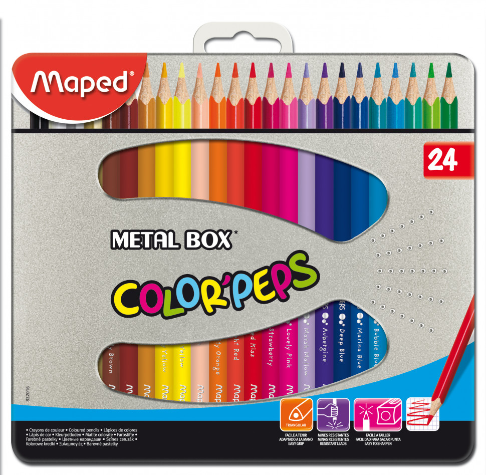 COLOR'PEPS Карандаши цветные из американской липы, треугольные, ударопрочный грифель, 24 цвета, в металлической коробке