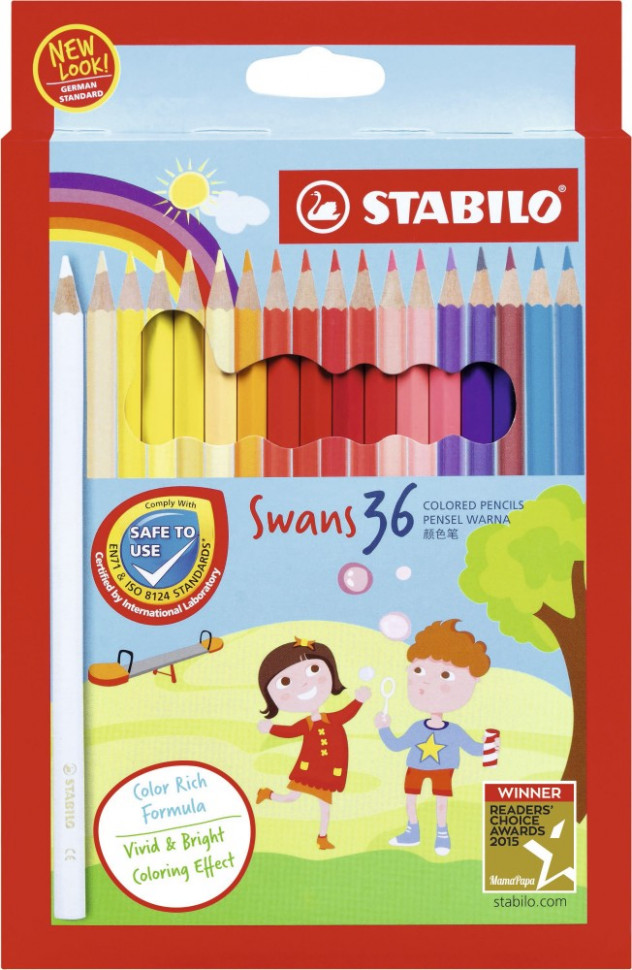 Набор цветных карандашей Stabilo Swans 36 цветов, картонная двойная упаковка, выдвигающийся коробка-пенал