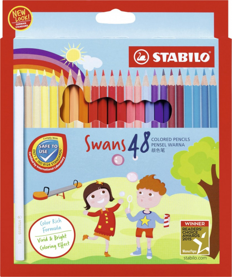 Набор цветных карандашей Stabilo Swans 48 цветов, картонная двойная упаковка, выдвигающийся коробка-пенал