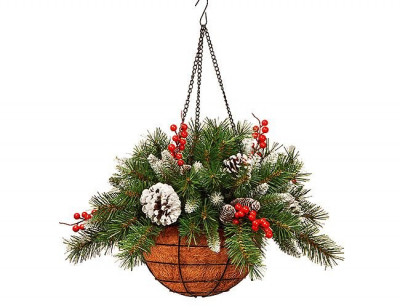 Хвойная композиция ЗАСНЕЖЕННАЯ в кашпо с шишками и ягодами, 36 см, National T...