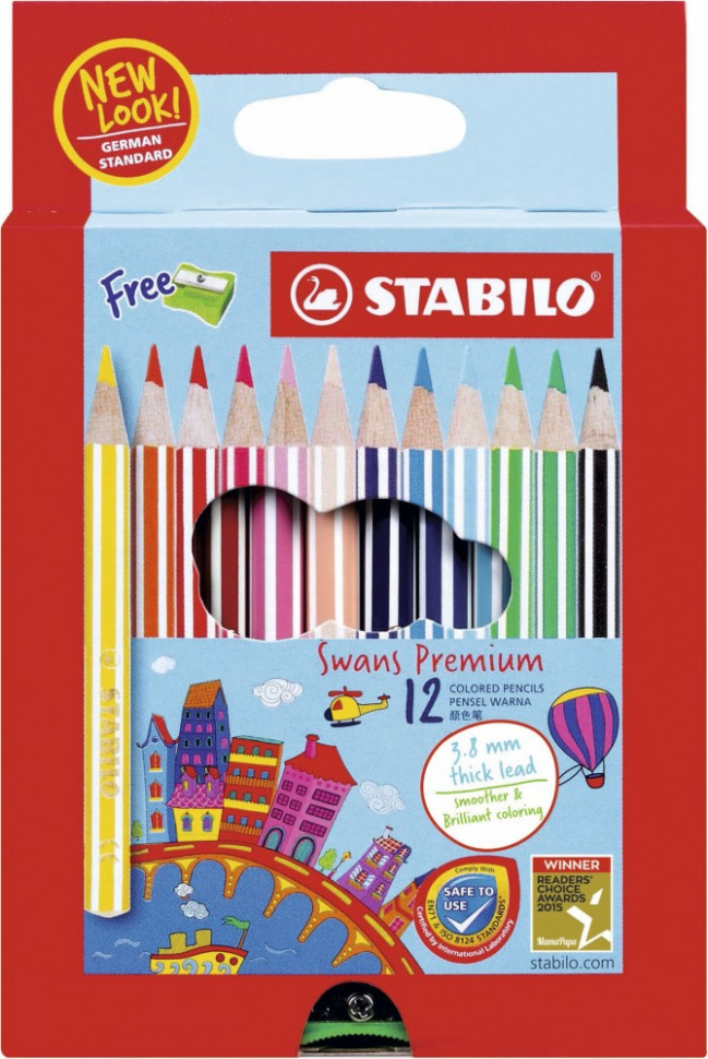 Набор цветных карандашей Stabilo Swans Premium Editional укороченные 12 цветов, картонная двойная упаковка, выдвигающийся коробка-пенал