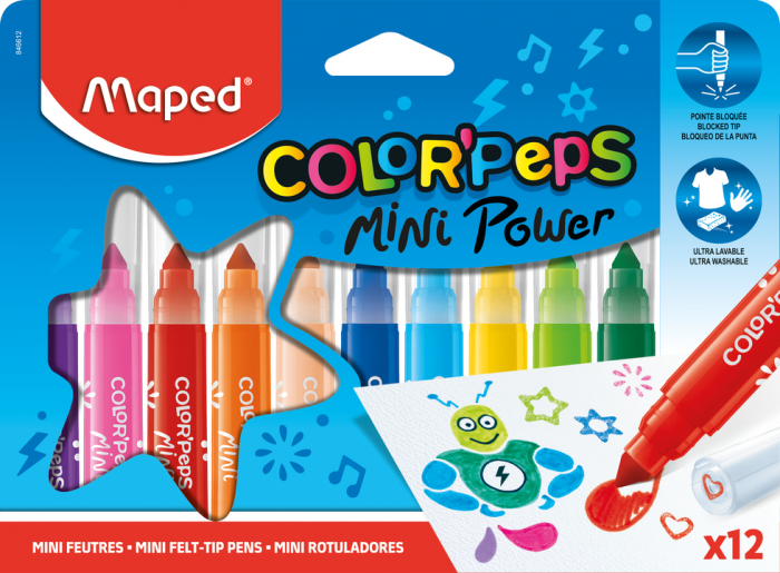 COLOR'PEPS JUMBO MINI POWER Фломастеры макси с заблокированным пишущим узлом, суперсмываемые, со штампами на колпачках, 12 цветов
