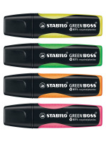 Набор текстовыделителей  Stabilo Green Boss 4 цветная упаковка: желтый, зеленый, оранжевый, розовый 2-5 мм блистер