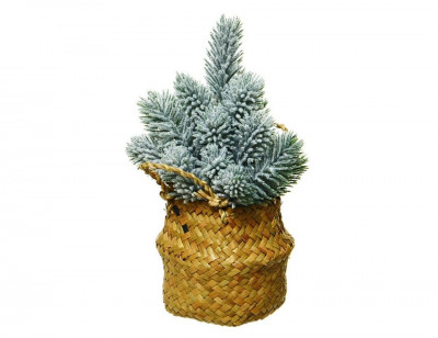 Настольная ЁЛОЧКА-ИНЕЙ В КОРЗИНКЕ, хвоя - 100% РЕ, зелёная заиндевелая, 24 см...