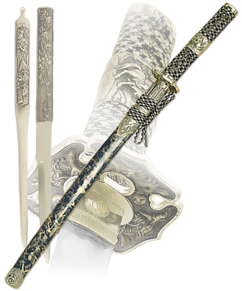 Катана самурайский меч, серебристо - синие ножны, 2 кинжала